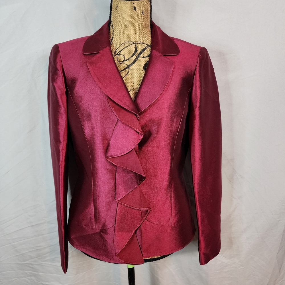 ALBERT NIPON Size 8 Reddish Ruffle Front Silk Wool Blend Formal Blazer Jacket - Picture 2 of 9